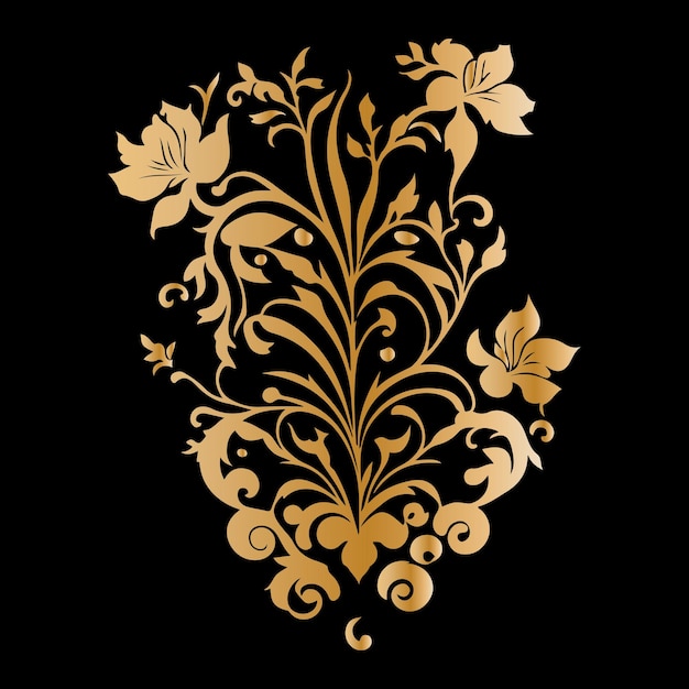 Vector a black background with gold flowers and leaves