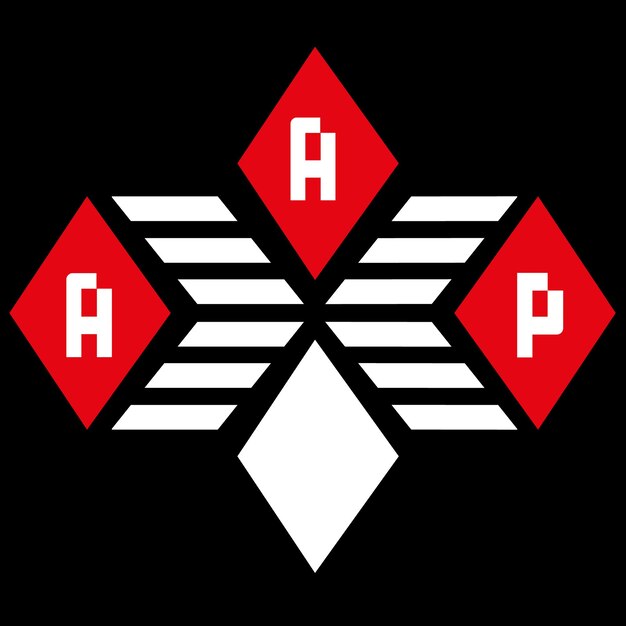 a black background with a red and white logo on it