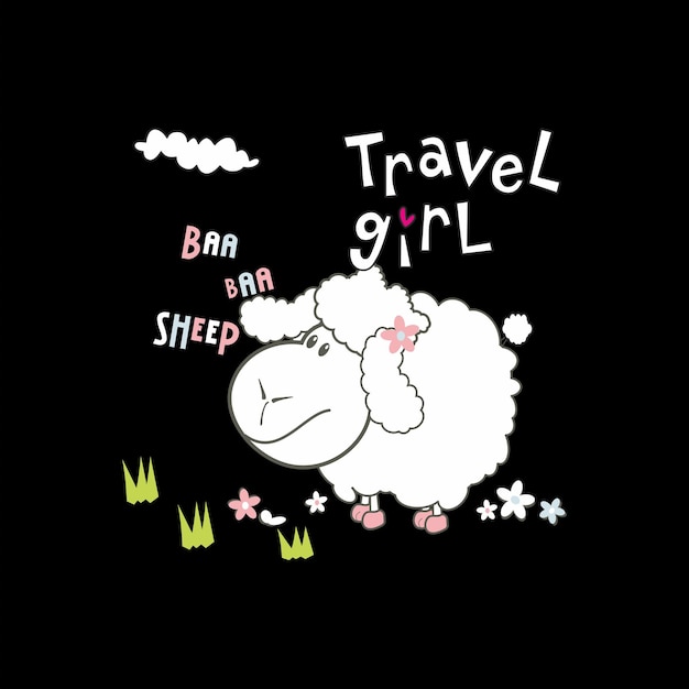 A black background with a white sheep and a pink bow that says travel girl.