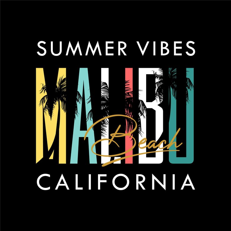 ビーチをテーマにマリブカリフォルニアという言葉が入った黒の背景