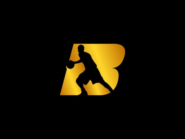 A black background with a yellow basketball player and the letter b.