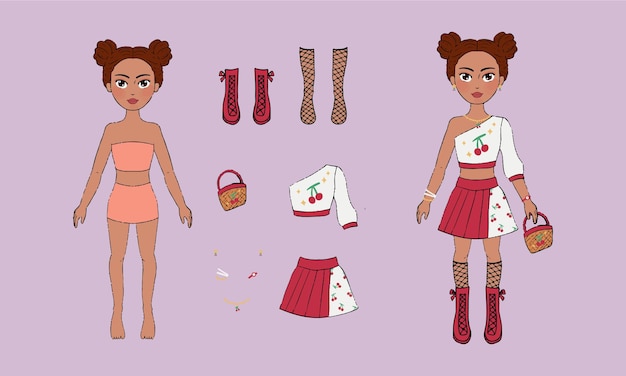 Black barbie paper doll dress up cherry top and skirt illustration for kids toys, book, craft