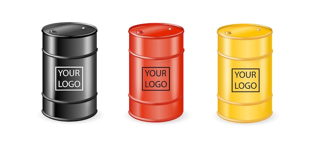 Black barrels for cruel oil or petroleum Black Metal Oil Fuel Gasoline Barrel Set Isolated Design Template of Packaging for Mockup Vector