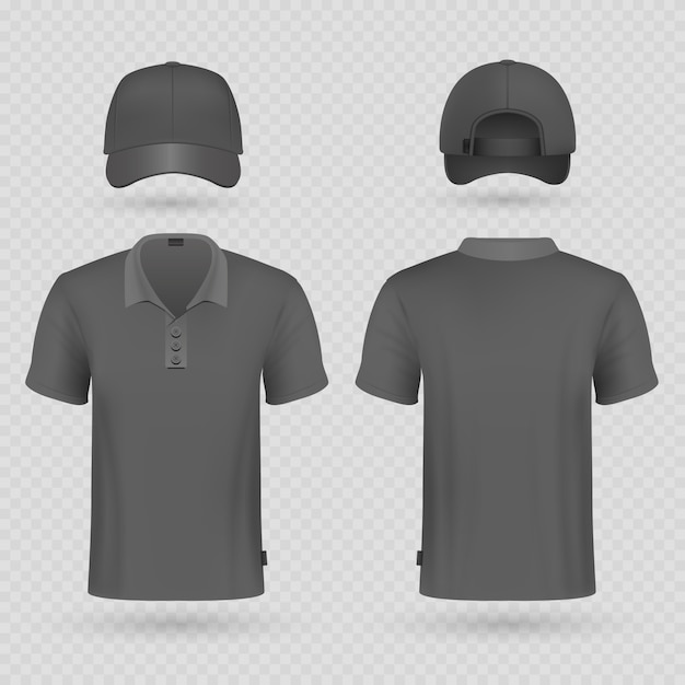 Vector black baseball cap and male polo t-shirt realistic vector