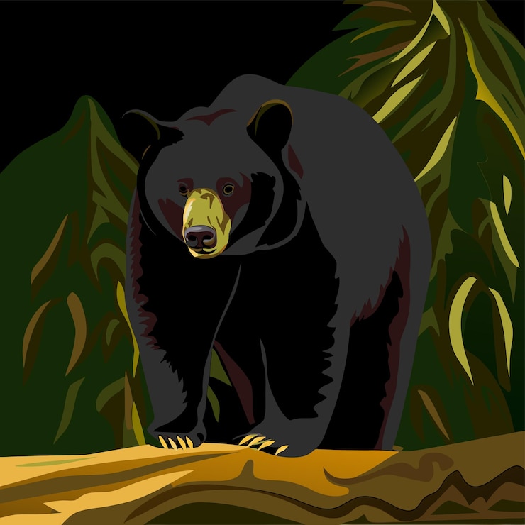 Vector a black bear is standing in a jungle with palm trees in the background