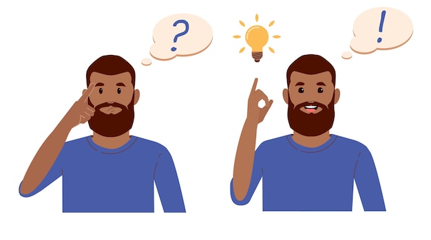 Vector black beard man thinks and solves a problem the appearance of a creative idea