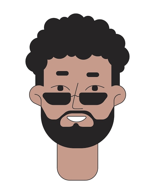 Uomo barbuto nero occhiali da sole 2d vettoriale lineare avatar illustrazione adulto afroamericano maschio sorridente contorno volto personaggio dei cartoni animati ragazzo sicuro di sé barba piana colore immagine del profilo utente isolata