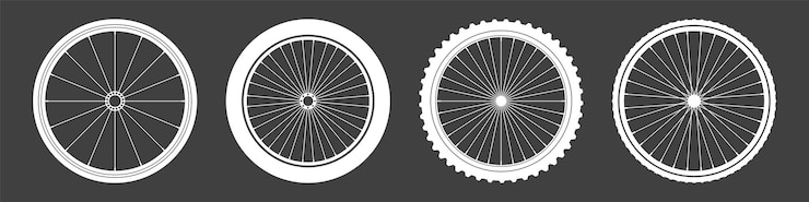 Vector black bicycle wheel symbols collection bike rubber tyre silhouettes fitness cycle road and mountain bike vector illustration