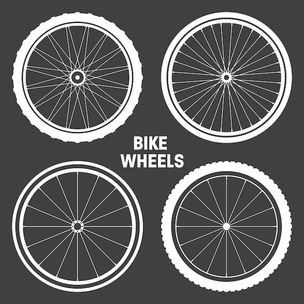 Vettore collezione di simboli delle ruote nere delle biciclette siluette di pneumatici in gomma per biciclette fitness biciclette da strada e mountain bike illustrazione vettoriale