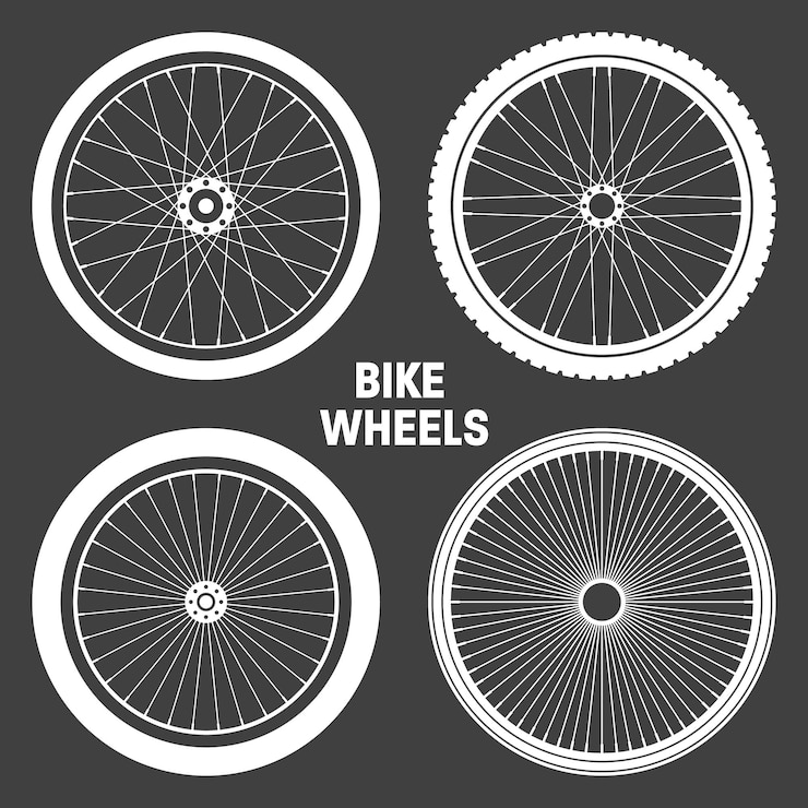 Vector black bicycle wheel symbols collection bike rubber tyre silhouettes fitness cycle road and mountain bike vector illustration