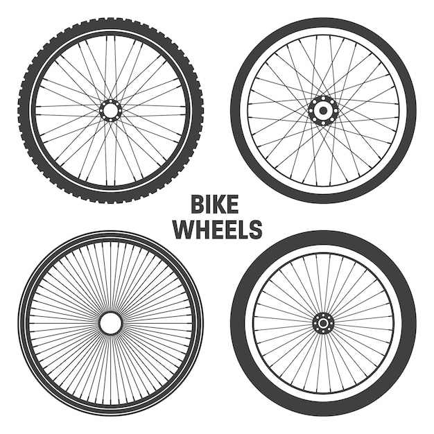 Vettore collezione di simboli delle ruote nere delle biciclette siluette di pneumatici in gomma per biciclette fitness biciclette da strada e mountain bike illustrazione vettoriale