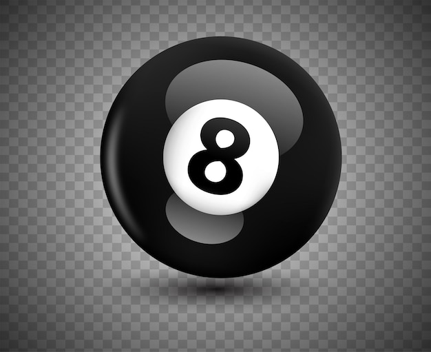 Vector black billiard ball with number eight isolated on transparent background