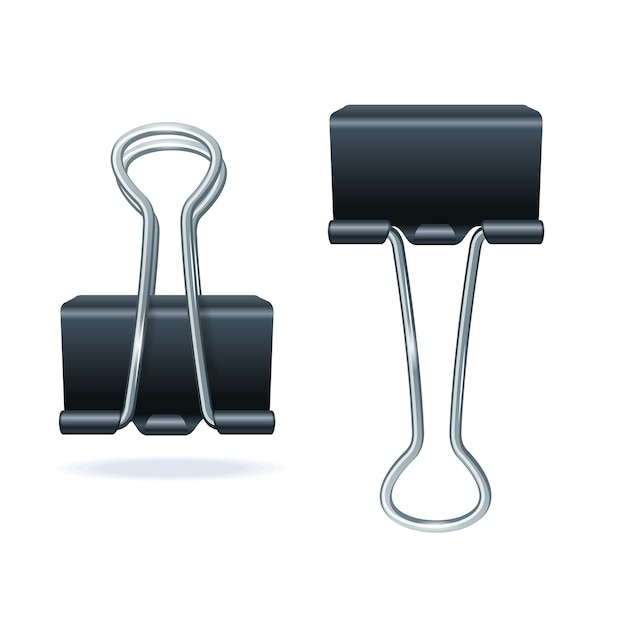 Vector black binder clip set isolated on white background