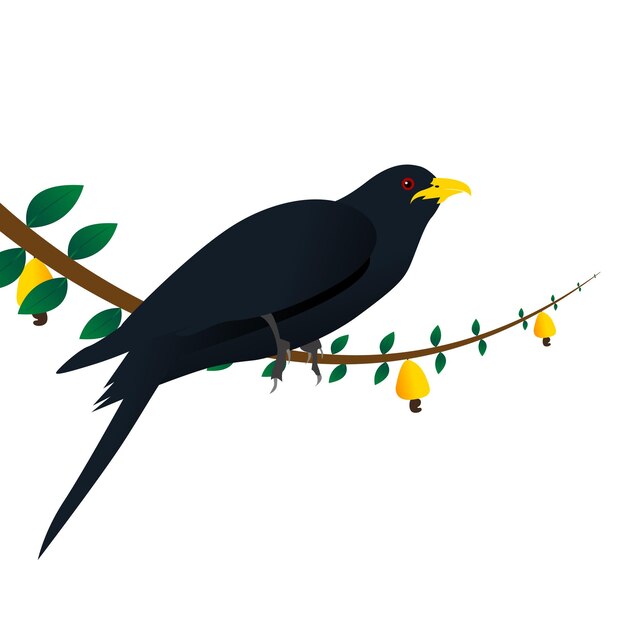 Vector a black bird on a branch with yellow flowers