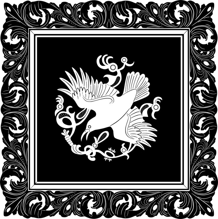 Vector black bird flying with floral frame handmade vector design