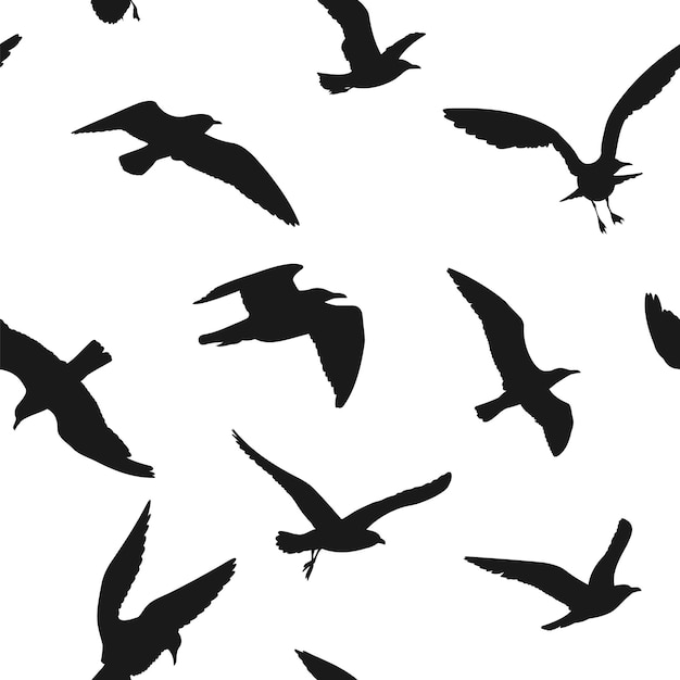 Black bird silhouettes seamless pattern Wild nature background Vector illustration