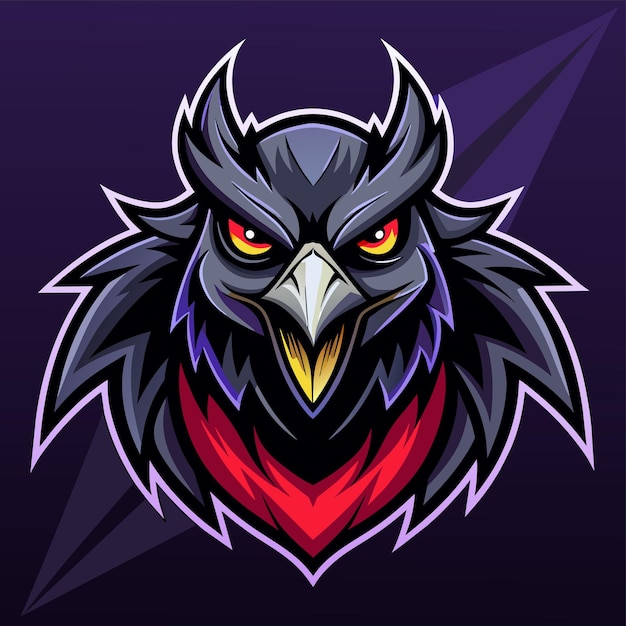 Vector a black bird with red eyes stands out against a vibrant purple background intimidating scary crow logo mascot striking vector