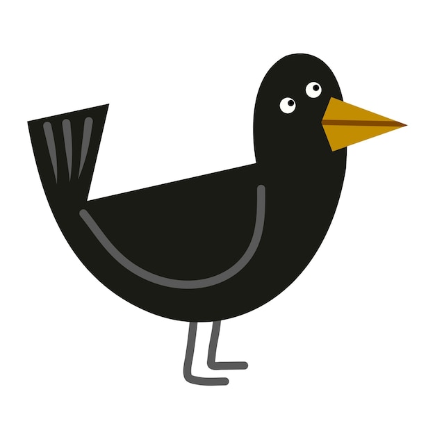 Vector a black bird with a yellow beak is standing on a white background.