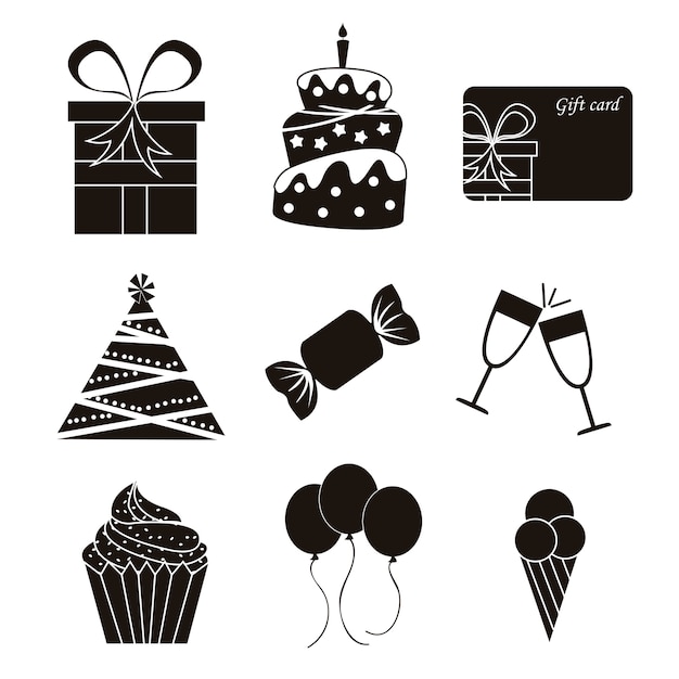 Black birthday icons over white background vector illustration