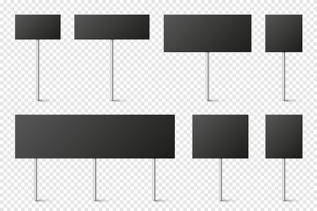 Black blank board with place for text protest signs set isolated on transparent background realistic