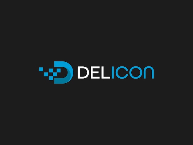 A black and blue logo for del icon