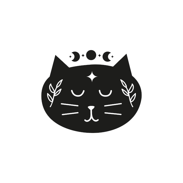 Black boho cat character with moon leafy branches stars