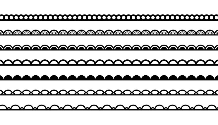 Vector black border lines vector silhouettes with seamless pattern of waves scallop edge lace borders