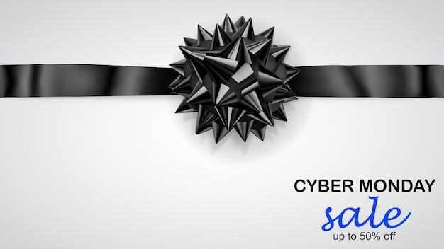 Vector black bow with horizontal ribbon with shadow and inscription cyber monday sale on white background