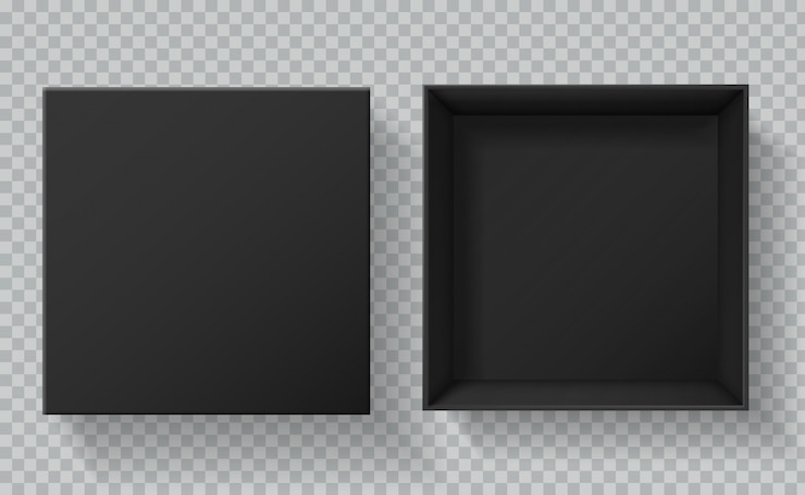 Vector black box packaging. top view open and closed gift presentation boxes. empty cardboard black package 3d  mockup