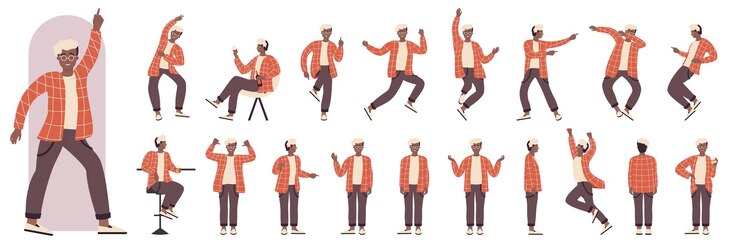 Vector black boy on fun dance party in dynamic actions side front and back view set man dancing