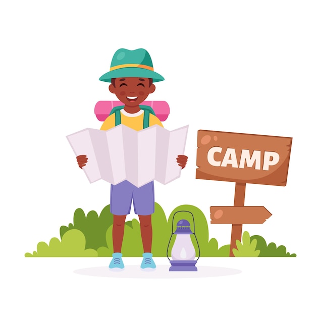 Black boy scout with map backpack Camping summer kids camp