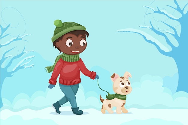 한 흑인 소년이 겨울에 개와 함께 걷는다. 귀여운 평면 그림입니다. 개 산책의 달. 웹사이트, 바