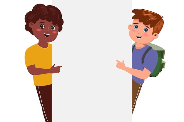 Vector black boy and white boy standing behind the blank board and pointing with an index finger on it