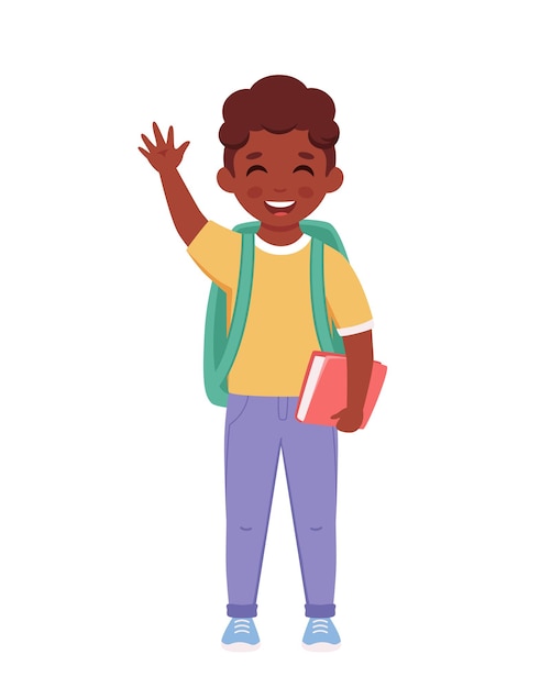 Black boy with backpack and book going to the school Boy smiling and waving hand