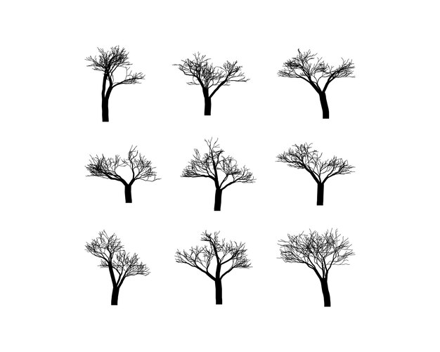 Set di sagome di alberi rami neri o alberi nudi illustrazioni isolate disegnate a mano