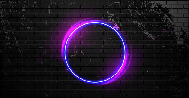 Black brick wall with neon ring frame night club electric sign neon lamp circle frame vector illustration