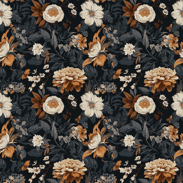 A black and brown floral pattern with a bird on it.