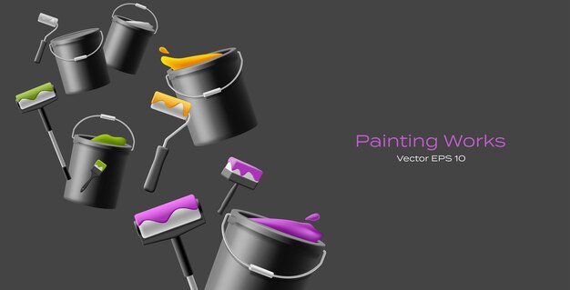 Vector black buckets with yellow and purple paint with leaking paint and painting tools banner