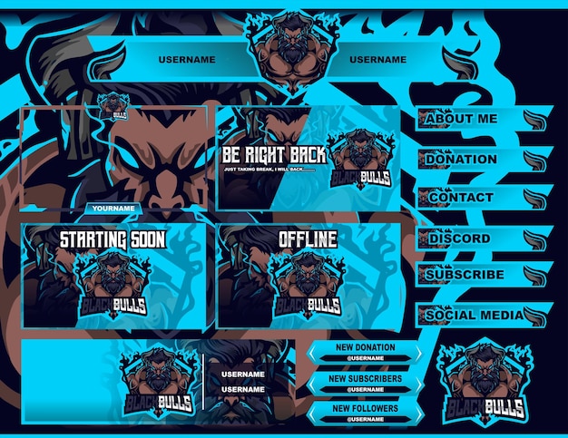 Vector black bull gym esport gaming layout design streamer twitch