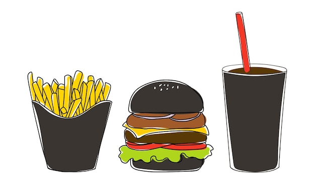 Black burger, french fries and soda in isolated background. Fast food.