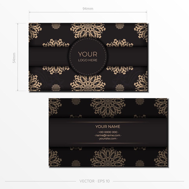 Black business card design with luxurious patterns. Vector presentable business card with vintage ornament.