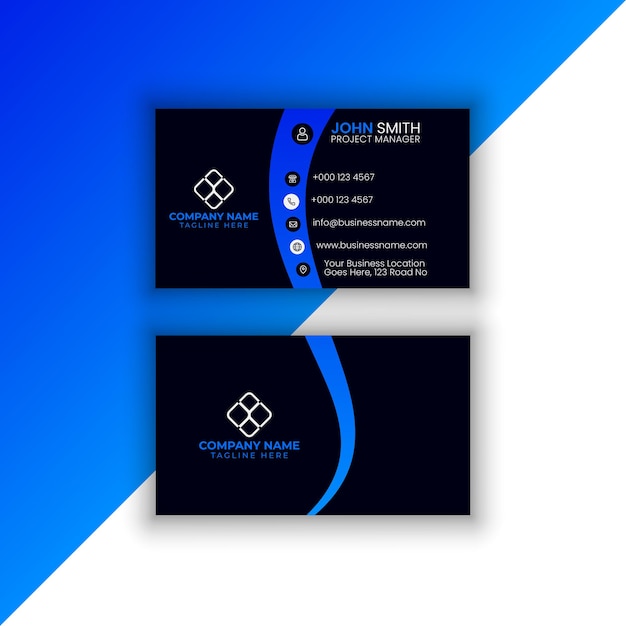 Vector black business card with blue details