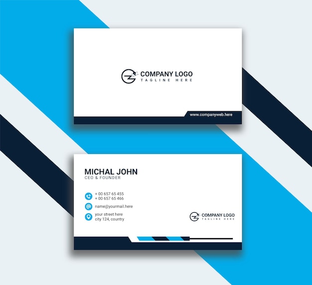 Black business card with blue triangle shapes