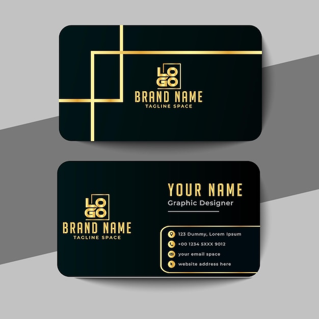 a black business card with gold and black lettering on it