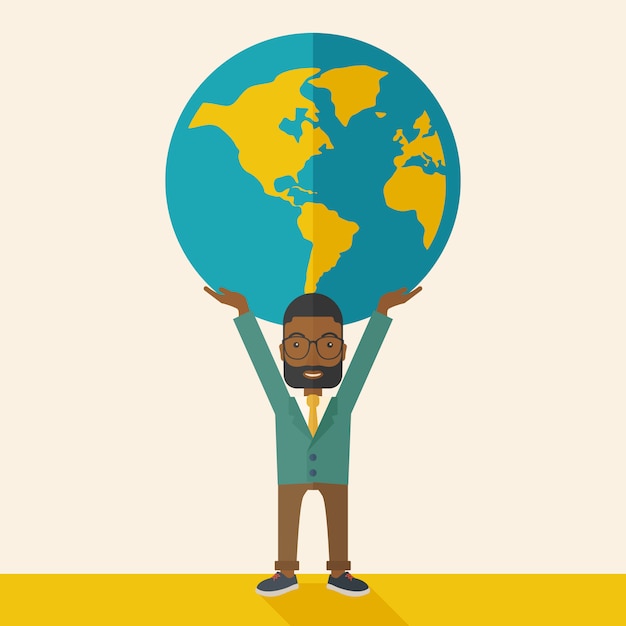 Black businessman carrying big globe.