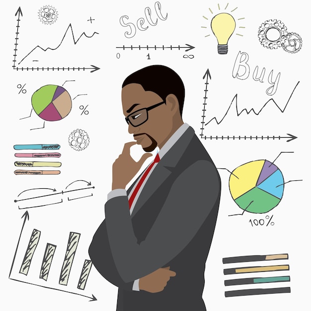 Black businessman thinks about problem doodle hand drawn business elements icons vector illustration