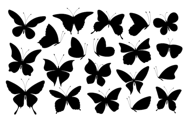 黒蝶のシルエット。蝶のアイコン、飛んでいる昆虫。孤立した抽象芸術の春のシンボルとタトゥー要素のコレクション。イラスト蝶のシルエット、黒と白の昆虫