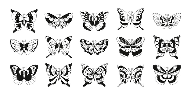 Наклейки с черными бабочками реалистичные летающие силуэты бабочек монарха и мотылька абстрактные животные летающие насекомые иконы векторный изолированный набор