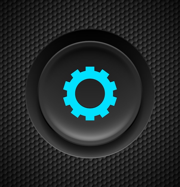 Black button with blue settings sign on carbon background.