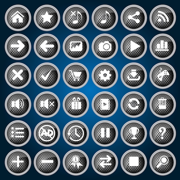 Vettore bottoni neri icon set design stile metallo per web e gioco.